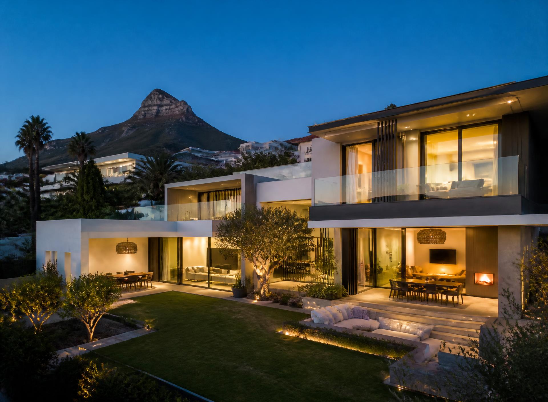 A contemporary Cape Town villa glowing at dusk beneath Lion's Head